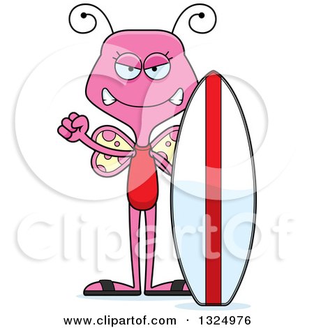 Clipart of a Cartoon Mad Pink Butterfly Sufer - Royalty Free Vector Illustration by Cory Thoman