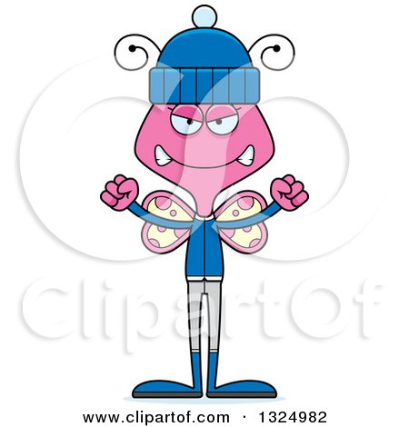 Clipart of a Cartoon Mad Pink Butterfly in Winter Clothes - Royalty Free Vector Illustration by Cory Thoman