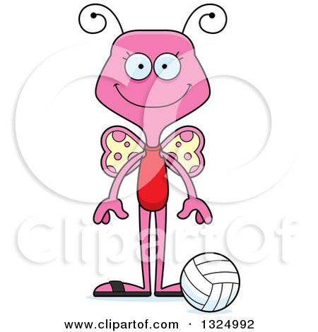 Clipart of a Cartoon Happy Pink Butterfly Beach Volleyball Player - Royalty Free Vector Illustration by Cory Thoman