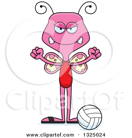 Clipart of a Cartoon Mad Pink Butterfly Beach Volleyball Player - Royalty Free Vector Illustration by Cory Thoman