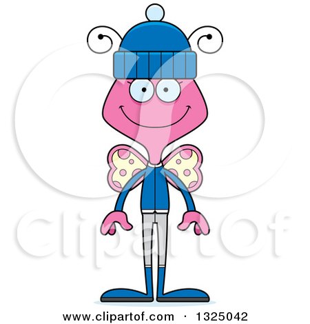 Clipart of a Cartoon Happy Pink Butterfly in Winter Clothes - Royalty Free Vector Illustration by Cory Thoman