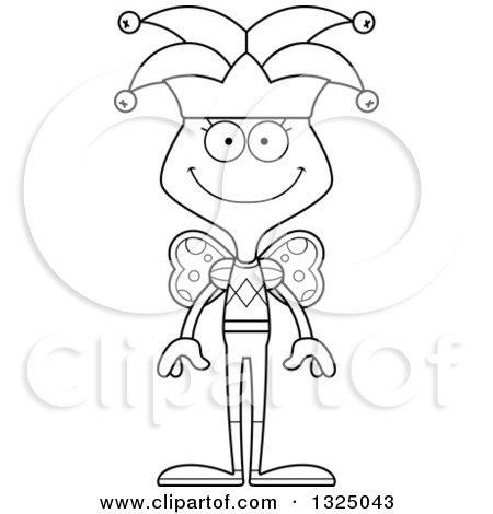 Lineart Clipart of a Cartoon Black and White Happy Butterfly Jester - Royalty Free Outline Vector Illustration by Cory Thoman