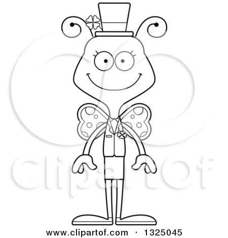 Lineart Clipart of a Cartoon Black and White Happy St Patricks Day Butterfly - Royalty Free Outline Vector Illustration by Cory Thoman