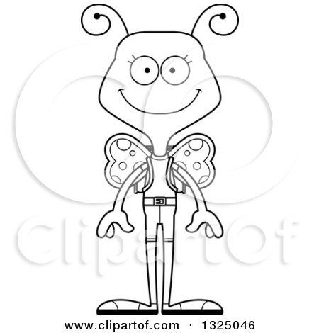 Lineart Clipart of a Cartoon Black and White Happy Butterfly Hiker - Royalty Free Outline Vector Illustration by Cory Thoman