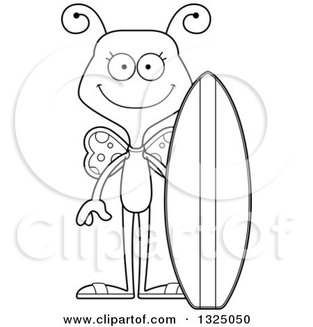 Lineart Clipart of a Cartoon Black and White Happy Butterfly Sufer - Royalty Free Outline Vector Illustration by Cory Thoman