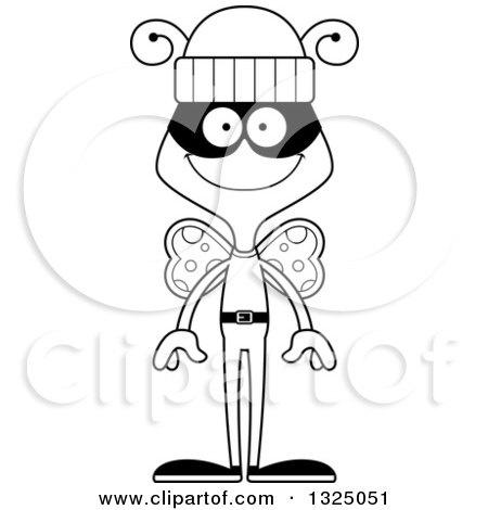 Lineart Clipart of a Cartoon Black and White Happy Butterfly Robber - Royalty Free Outline Vector Illustration by Cory Thoman