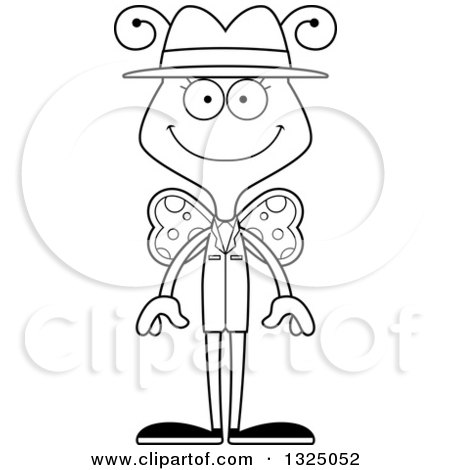Lineart Clipart of a Cartoon Black and White Happy Butterfly Detective - Royalty Free Outline Vector Illustration by Cory Thoman