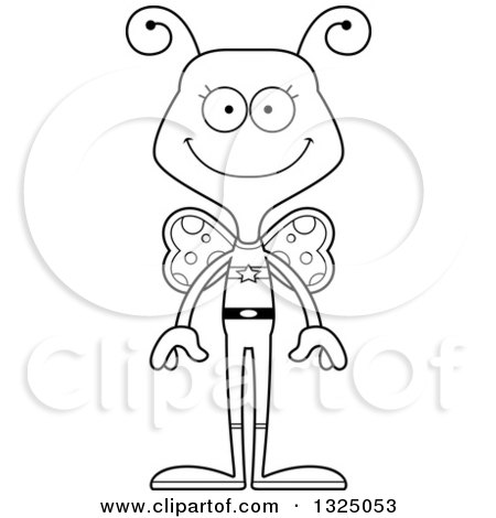 Lineart Clipart of a Cartoon Black and White Happy Butterfly Super Hero - Royalty Free Outline Vector Illustration by Cory Thoman