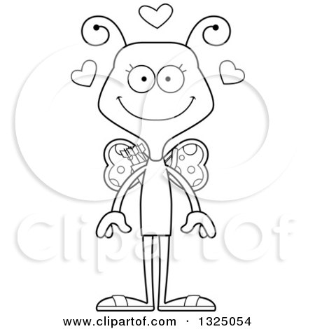 Lineart Clipart of a Cartoon Black and White Happy Butterfly Valentines Day Cupid - Royalty Free Outline Vector Illustration by Cory Thoman