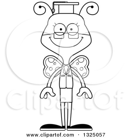 Lineart Clipart of a Cartoon Black and White Happy Butterfly Professor - Royalty Free Outline Vector Illustration by Cory Thoman