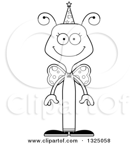 Lineart Clipart of a Cartoon Black and White Happy Butterfly Wizard - Royalty Free Outline Vector Illustration by Cory Thoman