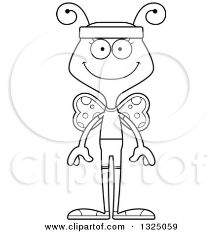 Lineart Clipart of a Cartoon Black and White Happy Fitness Butterfly - Royalty Free Outline Vector Illustration by Cory Thoman