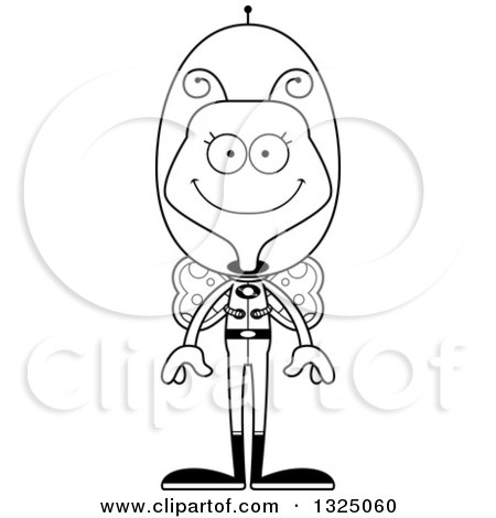Lineart Clipart of a Cartoon Black and White Happy Futuristic Space Butterfly - Royalty Free Outline Vector Illustration by Cory Thoman