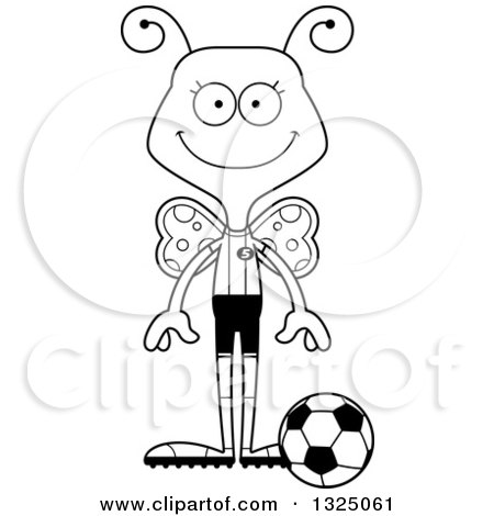 Lineart Clipart of a Cartoon Black and White Happy Butterfly Soccer Player - Royalty Free Outline Vector Illustration by Cory Thoman