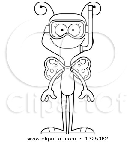 Lineart Clipart of a Cartoon Black and White Happy Butterfly in Snorkel Gear - Royalty Free Outline Vector Illustration by Cory Thoman