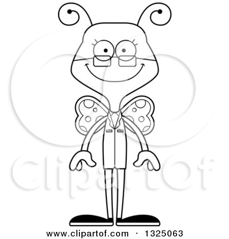 Lineart Clipart of a Cartoon Black and White Happy Butterfly Scientist - Royalty Free Outline Vector Illustration by Cory Thoman
