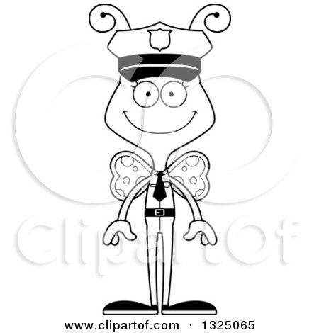 Lineart Clipart of a Cartoon Black and White Happy Butterfly Police Officer - Royalty Free Outline Vector Illustration by Cory Thoman
