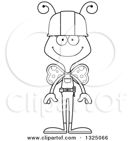 Lineart Clipart of a Cartoon Black and White Happy Butterfly Construction Worker - Royalty Free Outline Vector Illustration by Cory Thoman