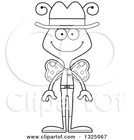 Lineart Clipart of a Cartoon Black and White Happy Butterfly Cowboy - Royalty Free Outline Vector Illustration by Cory Thoman