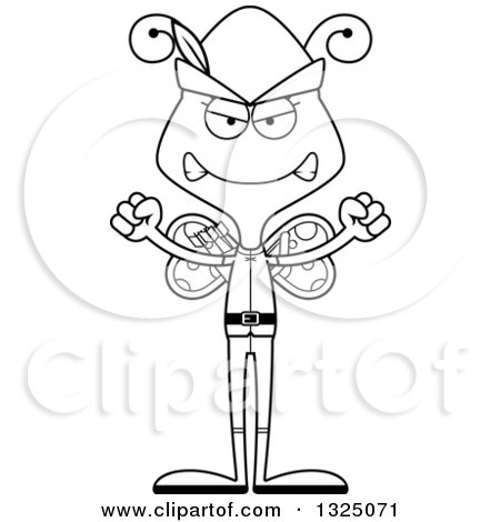 Lineart Clipart of a Cartoon Black and White Mad Butterfly Robin Hood - Royalty Free Outline Vector Illustration by Cory Thoman
