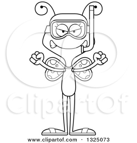 Lineart Clipart of a Cartoon Black and White Mad Butterfly in Snorkel Gear - Royalty Free Outline Vector Illustration by Cory Thoman