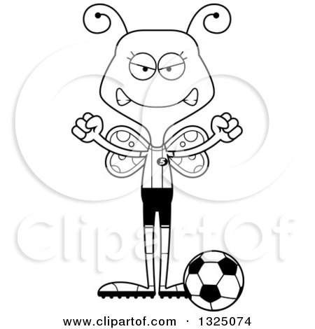 Lineart Clipart of a Cartoon Black and White Mad Butterfly Soccer Player - Royalty Free Outline Vector Illustration by Cory Thoman