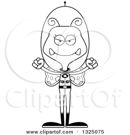 Lineart Clipart of a Cartoon Black and White Mad Futuristic Space Butterfly - Royalty Free Outline Vector Illustration by Cory Thoman