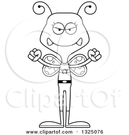 Lineart Clipart of a Cartoon Black and White Mad Butterfly Super Hero - Royalty Free Outline Vector Illustration by Cory Thoman