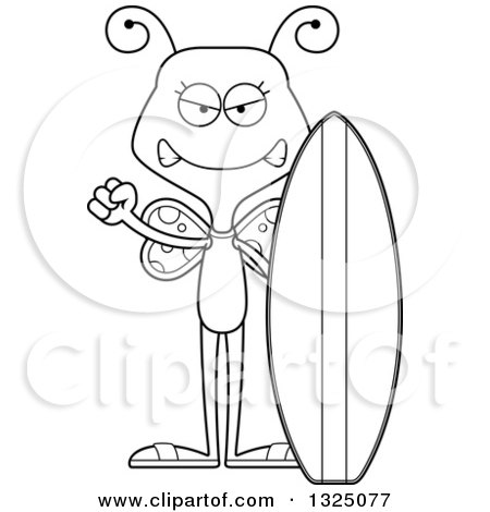 Lineart Clipart of a Cartoon Black and White Mad Butterfly Sufer - Royalty Free Outline Vector Illustration by Cory Thoman