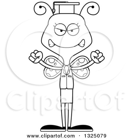 Lineart Clipart of a Cartoon Black and White Mad Butterfly Professor - Royalty Free Outline Vector Illustration by Cory Thoman