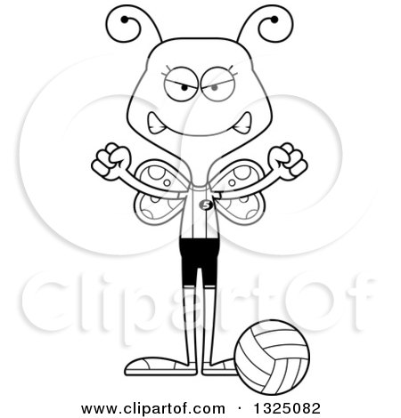 Lineart Clipart of a Cartoon Black and White Mad Butterfly Volleyball Player - Royalty Free Outline Vector Illustration by Cory Thoman