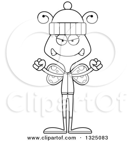 Lineart Clipart of a Cartoon Black and White Mad Butterfly in Winter Clothes - Royalty Free Outline Vector Illustration by Cory Thoman
