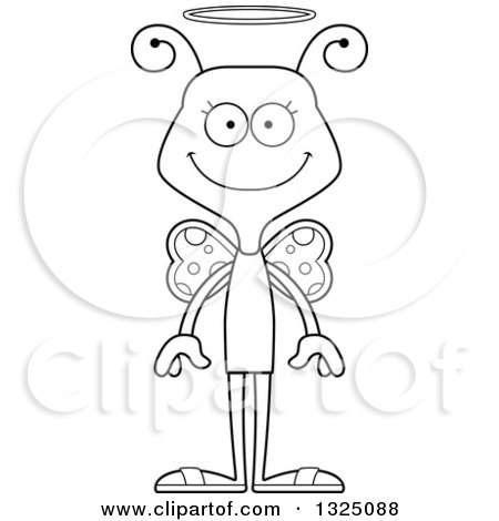 Lineart Clipart of a Cartoon Black and White Happy Butterfly Angel - Royalty Free Outline Vector Illustration by Cory Thoman