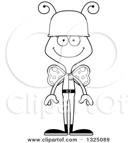 Lineart Clipart of a Cartoon Black and White Happy Butterfly Soldier - Royalty Free Outline Vector Illustration by Cory Thoman