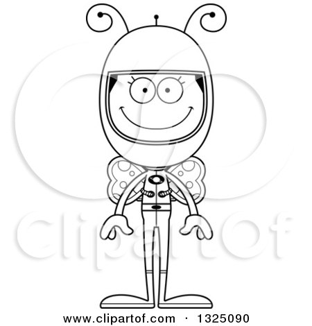 Lineart Clipart of a Cartoon Black and White Happy Butterfly Astronaut - Royalty Free Outline Vector Illustration by Cory Thoman