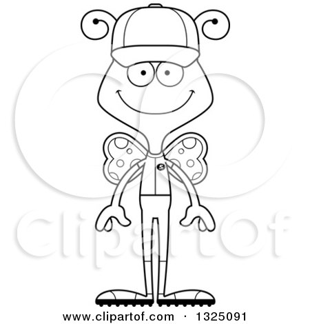Lineart Clipart of a Cartoon Black and White Happy Butterfly Baseball Player - Royalty Free Outline Vector Illustration by Cory Thoman