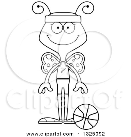 Lineart Clipart of a Cartoon Black and White Happy Butterfly Basketball Player - Royalty Free Outline Vector Illustration by Cory Thoman