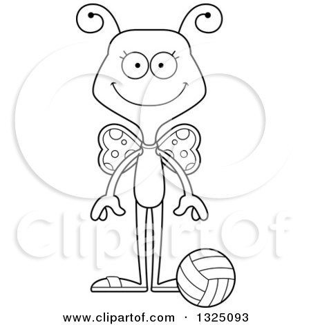 Lineart Clipart of a Cartoon Black and White Happy Butterfly Beach Volleyball Player - Royalty Free Outline Vector Illustration by Cory Thoman