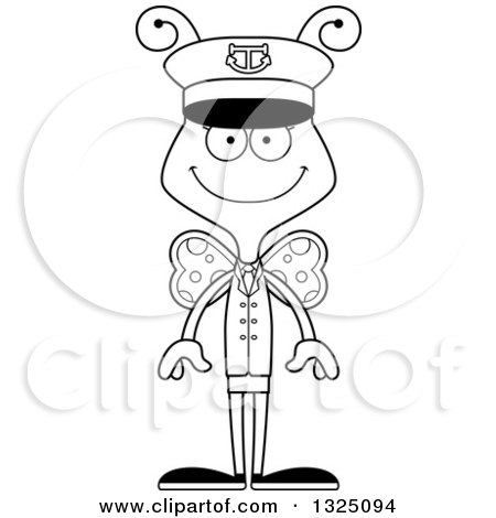 Lineart Clipart of a Cartoon Black and White Happy Butterfly Boat Captain - Royalty Free Outline Vector Illustration by Cory Thoman