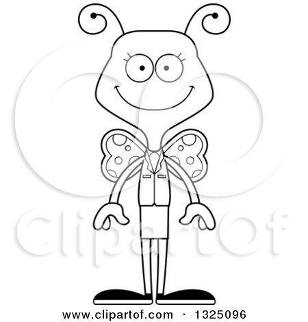Lineart Clipart of a Cartoon Black and White Happy Business Butterfly - Royalty Free Outline Vector Illustration by Cory Thoman