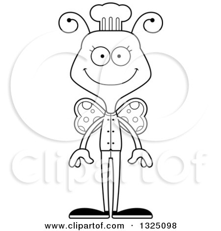 Lineart Clipart of a Cartoon Black and White Happy Butterfly Chef - Royalty Free Outline Vector Illustration by Cory Thoman