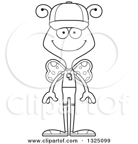 Lineart Clipart of a Cartoon Black and White Happy Butterfly Sports Coach - Royalty Free Outline Vector Illustration by Cory Thoman
