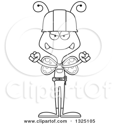 Lineart Clipart of a Cartoon Black and White Mad Butterfly Construction Worker - Royalty Free Outline Vector Illustration by Cory Thoman