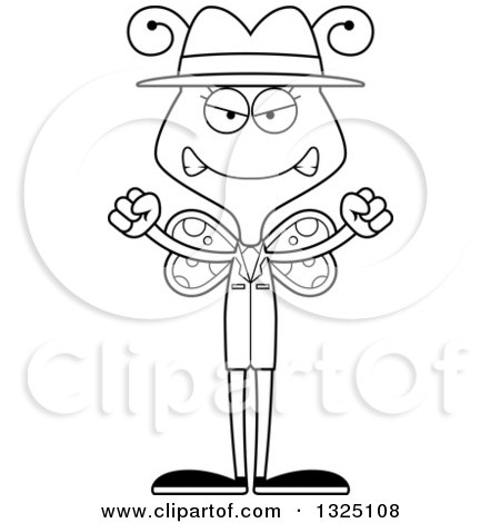 Lineart Clipart of a Cartoon Black and White Mad Butterfly Detective - Royalty Free Outline Vector Illustration by Cory Thoman