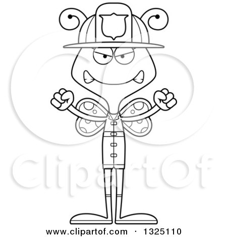 Lineart Clipart of a Cartoon Black and White Mad Butterfly Firefighter - Royalty Free Outline Vector Illustration by Cory Thoman