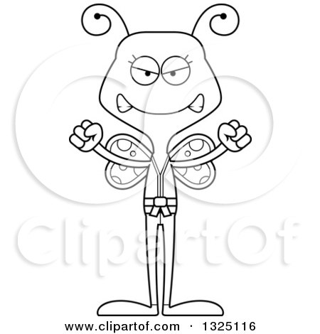 Lineart Clipart of a Cartoon Black and White Mad Karate Butterfly - Royalty Free Outline Vector Illustration by Cory Thoman