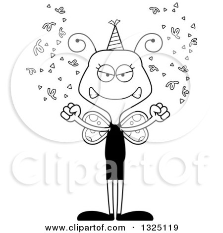 Lineart Clipart of a Cartoon Black and White Mad New Years Party Butterfly - Royalty Free Outline Vector Illustration by Cory Thoman