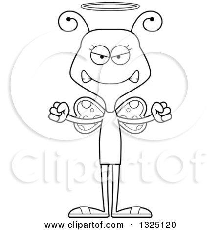 Lineart Clipart of a Cartoon Black and White Mad Butterfly Angel - Royalty Free Outline Vector Illustration by Cory Thoman