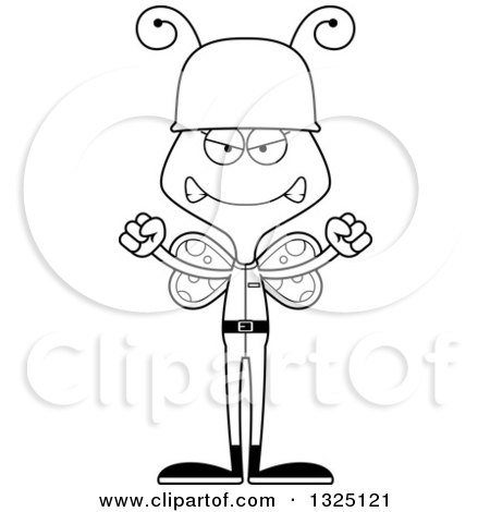 Lineart Clipart of a Cartoon Black and White Mad Butterfly Soldier - Royalty Free Outline Vector Illustration by Cory Thoman