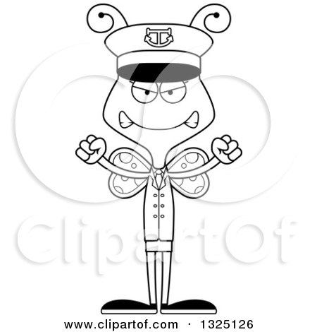 Lineart Clipart of a Cartoon Black and White Mad Butterfly Boat Captain - Royalty Free Outline Vector Illustration by Cory Thoman